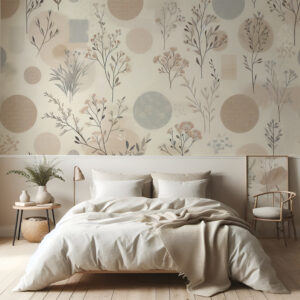 Wabi Sabi bedroom wallpaper mockup with earthy tones and a minimalist frame