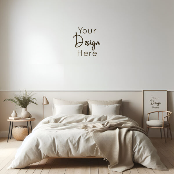 Wabi Sabi bedroom wallpaper mockup with earthy tones and a minimalist frame