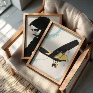 2-frame wall art mockup with Scandinavian chair in neutral tones