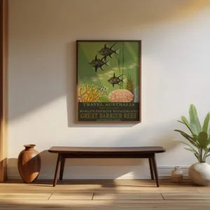 Poster frame mockup over a teak bench