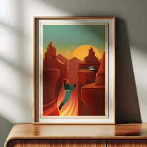 Close-up poster frame mockup on a mid-century modern wooden sideboard with neutral wall and minimal decor – ideal for showcasing art prints or illustrations.
