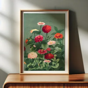 Close-up poster frame mockup on a mid-century modern wooden sideboard with neutral wall and minimal decor – ideal for showcasing art prints or illustrations.