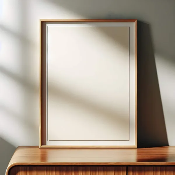 Close-up poster frame mockup on a mid-century modern wooden sideboard with neutral wall and minimal decor – ideal for showcasing art prints or illustrations.