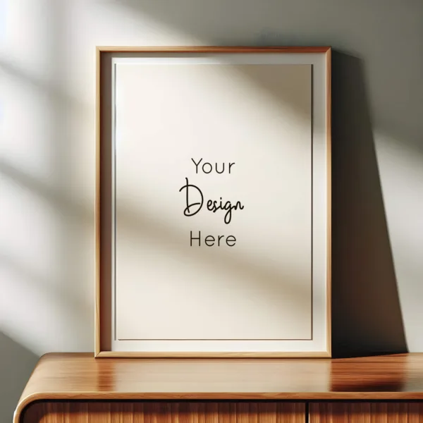 Close-up poster frame mockup on a mid-century modern wooden sideboard with neutral wall and minimal decor – ideal for showcasing art prints or illustrations.