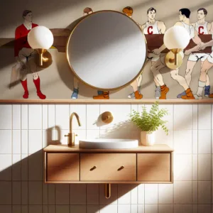 Bathroom wallpaper mockup featuring styled walls behind a minimalist sink setup – perfect for showcasing surface patterns or wallpaper designs.