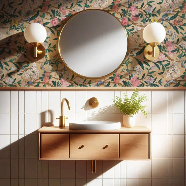 Bathroom wallpaper mockup featuring styled walls behind a minimalist sink setup – perfect for showcasing surface patterns or wallpaper designs.