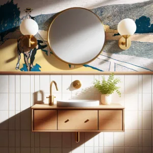 Bathroom wallpaper mockup featuring styled walls behind a minimalist sink setup – perfect for showcasing surface patterns or wallpaper designs.