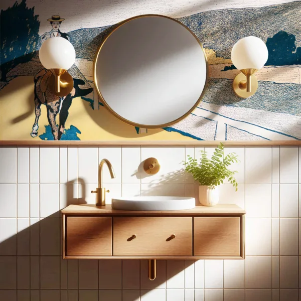 Bathroom wallpaper mockup featuring styled walls behind a minimalist sink setup – perfect for showcasing surface patterns or wallpaper designs.