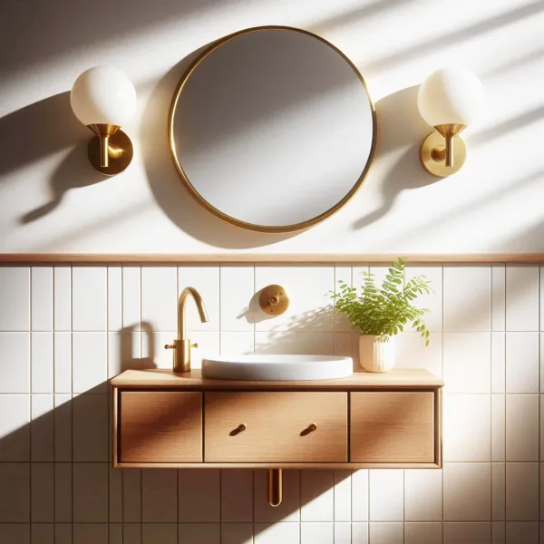 Bathroom wallpaper mockup featuring styled walls behind a minimalist sink setup – perfect for showcasing surface patterns or wallpaper designs.